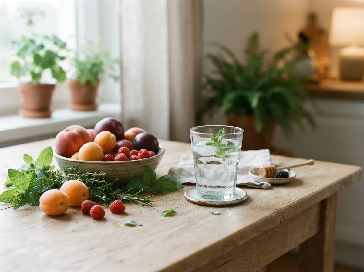 Glas water met LuminaBalance capsule op het ontbijttafel